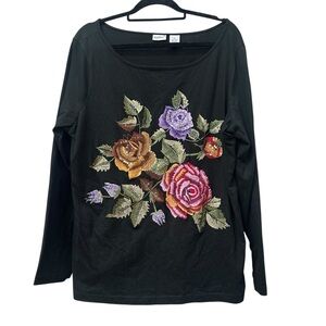 TOGETHER Black Cotton Long Sleeve Tee Floral Embroidered Black Top 1X 2X